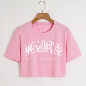 Tops cortos básicos de manga corta con cuello redondo y serigrafía gráfica para mujer - Product Image 4