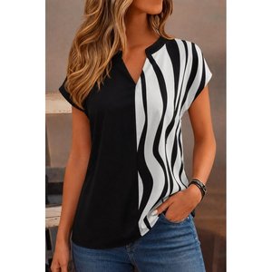 Women'<b>s</b> Short-Sleeved Mandarin V-Neck Woven Viscose <b>Blouse</b>, 37284 - Black - Product Image 1
