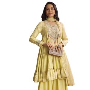 Traje Palazzo estampado de seda amarillo claro con trabajo resham, venta al por mayor, Ropa Étnica para mujer, fábrica de ropa OEM, proveedor a granel personalizado - Product Image 4