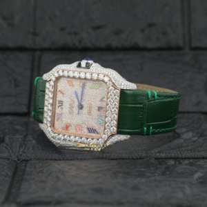Demi Iced Out Luxueux Moissanite Diamant Clouté Montre Bracelet En Cuir Vert Roamn Chiffre Cadran Date Fonction pour Hommes et Femmes - Product Image 3