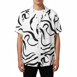 Chemise décontractée à manches courtes pour homme, imprimé abstrait tourbillonnant blanc et noir, chemise de plage d'été, col cubain, style hawaïen, respirante - Product Image 3