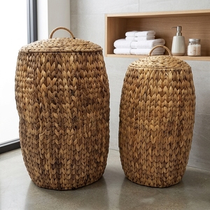 Ensemble de paniers de rangement en jacinthe d'eau naturelle, panier à linge cylindrique tressé avec couvercle assorti et poignée en arche, décoration artistique pour la maison - Product Image 5