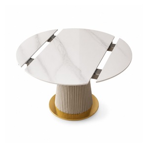 Table à manger en métal à hauteur réglable, aspect marbre blanc, base plissée dorée extensible, mobilier de restaurant moderne - Product Image 1