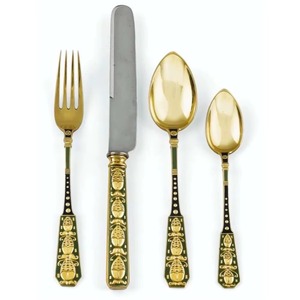 Cubiertos de acero inoxidable Ideal para cocina, mesa, café, hogar, cubiertos con acabado chapado en oro, elegante mango Multicolor, Juego de 4 - Product Image 1