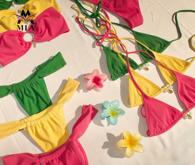 MLY Swimwear Custom Ribbed Textured Micro Triangle Bikini Sets High Cut Bathing Suits for Women