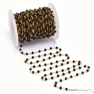 Black Tourmaline 3mm Wire Wrapped Rosary <b>Chain</b> Beaded Link <b>Chain</b> Gold Plated Natural Gemstone Jewelry Making by Foot - Product Image 4