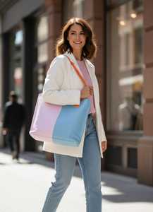 กระเป๋าโท้ทหนังสีพาสเทลสำหรับผู้หญิง สีฟ้าลายบล็อกสีลูกกวาด ซิปกันน้ำ สะพายไหล่หรือถือได้ ขนาดใหญ่ แฟชั่นฤดูร้อน สไตล์สวยงาม - Product Image 5