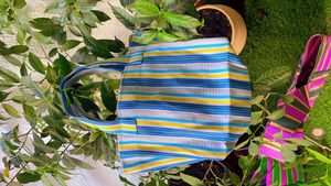 Custom Eco-Friendly Reusable <b>Zipper</b> Plastic Woven Striped Shopping <b>Bag</b> Handloom Made Recycled Beach <b>Bags</b> Cosmetic <b>Bags</b> Cases - Product Image 3
