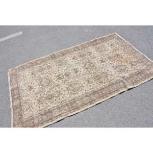 Classic Beige Brown Vintage Turkish Rug 3.8 X 6.6 ft Patchwork Design Wool Latex for Living Teenagers Bedside Hallway Rectangle - Product Image 2