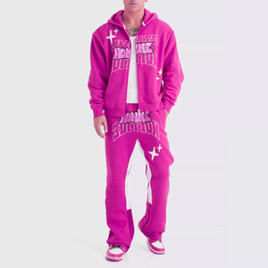 Survêtement personnalisé avec impression bouffante Survêtement pour homme en coton polaire épais et surdimensionné rose d'hiver Jogging Survêtement imprimé bouffant pour homme - Product Image 1