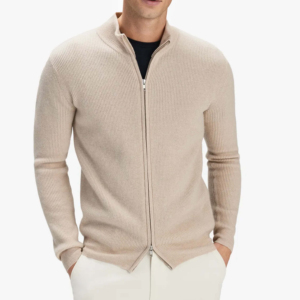 Vente en gros de pull à fermeture éclair pour hommes avec logo personnalisé Cardigan en tricot côtelé à col montant Pull en tricot d'automne minimaliste de luxe pour hommes - Product Image 1