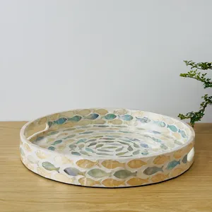 Plateau rond en nacre avec motif de poisson, plat de service décoratif fait à la main avec poignées, plateau ottoman en nacre - Product Image 3