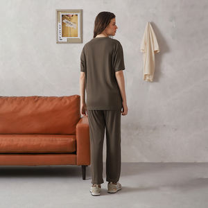 Y2K ensemble en tricot côtelé haut à manches courtes avec pantalon à taille élastique solide marron deux pièces femmes décontracté Streetwear tenue - Product Image 2