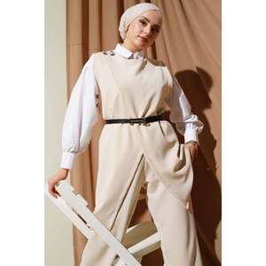 Épaule Bouton Ceinturé Gilet 2 Pièces Ensemble Beige TR Made Motif Régulier Tailles L-2XL - Product Image 3