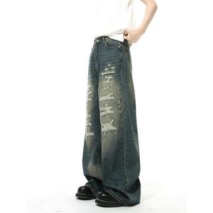 Jeans à jambes larges en denim vintage personnalisé, délavé et déchiré, broderie de haute qualité, pantalon en denim ample pour hommes - Product Image 4