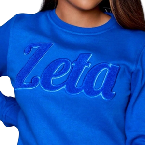 Sólido Zeta Chenille sudadera algodón polar bordado griego hermandad Zeta Phi Beta azul pulóver cuello redondo para mujer - Product Image 2