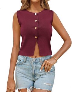 Femmes sans manches recadrée pull gilet été à la mode tricot culture débardeurs col rond bouton Y2K sortir Top2025 - Product Image 1