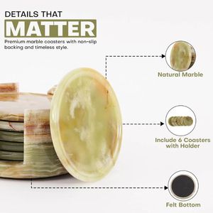 Ensemble de 6 sous-verres en céramique onyx vert classique avec support - Rond, diamètre 3,5 pouces, épaisseur 0,4 pouces - Durable et écologique - Product Image 2