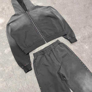 ชุดเซ็ตฮู้ดดี้และกางเกงสตรีทแวร์พิมพ์ลายแบบยูนิเซ็กซ์ ทรงโอเวอร์ไซส์ ผ้าคอตตอน 100% หนัก 460gsm ตกแต่งด้วยคริสตัล ซิปยาวเต็มตัว ล้างสีแบบแอซิดวอช - Product Image 2