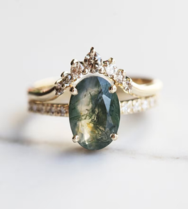 Bague de mariage classique plaquée or jaune 14 carats faite à la main avec agate de mousse coupe ovale diamant bande incurvée bague de fiançailles nouvelle bague de mode - Product Image 1