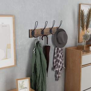 Porte-serviettes en bois de pin massif Porte-manteau rustique Crochet mural avec 4 crochets de ferme Porte-serviettes rustique pour salle de bain - Product Image 5