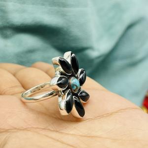 Anillo fino de boda elegante de diseñador hecho a mano de Plata de Ley 925, Ideas de regalo de corte de pera turquesa de ónix negro - Product Image 5