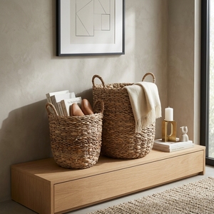 Juego de Cestas de Almacenamiento de Jacinto de Agua Natural y Pasto Marino, Cilindro Alto con Asa en Forma de Arco, Contenedor para Ropa Sucia, Maceta, Decoración Artística para el Hogar - Product Image 6