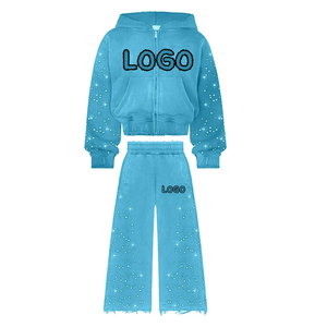 Pantalones de chándal acampanados con diamantes de imitación coloridos con cremallera desgastada personalizada y conjuntos con capucha para hombre, ropa de calle, chándal lavado con ácido - Product Image 5