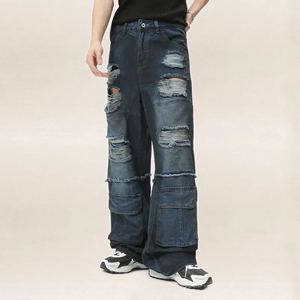 2024 personnalisé hommes Denim jean pantalon haute qualité Baggy Cargo pantalon graphique impression jambe droite poids lourd lavé pour l'hiver - Product Image 4