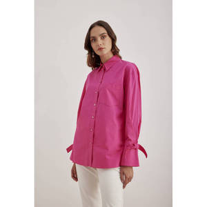 Blusa de Popelina con Ribete en Contraste Fucsia - Corte Holgado Estilo Retro para Primavera Verano - Product Image 5
