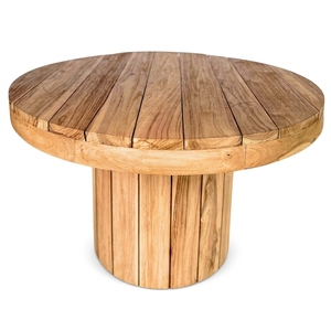 Natural Teak Wood <b>Round</b> Outdoor Garden Dining <b>Table</b> Fluted Pedestal Base Wooden <b>Patio</b> <b>Table</b> Setup Decor Pure Art Design - Product Image 1