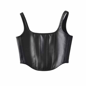 Débardeur de sport à fermeture éclair en cuir PU noir pour femmes en gros - Product Image 1