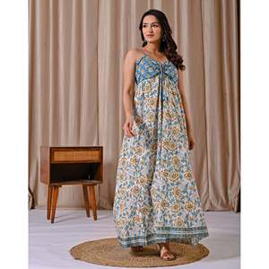 Vestido de Algodón Estampado en Bloques Azul y Blanco con Tirantes Finos, Diseño Elegante y Casual de Boutique, Talla Única, Transpirable, Cintura Natural - Product Image 6