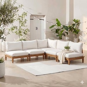 Conjunto de Sofá Minimalista de Madera para Exteriores con Cojines Blancos Impermeables, Asientos de Esquina para Jardín o Patio - Product Image 1