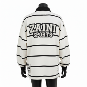 Men Rugby Shirt Heavyweight Cotton Jersey 240 GSM Black White Stripe Panel Design Embroidery Print Custom Logo moisture wicking - Product Image 4