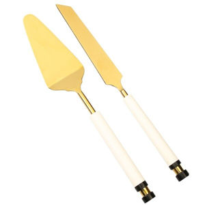 Ensemble de serveur de couteaux de style européen de luxe spatule argentée en acier inoxydable et coupe-gâteau avec poignée confortable en brindille dorée - Product Image 3