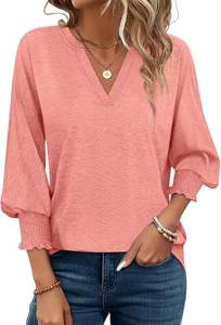 Tops de manga 3/4 con cuello en V para mujer, camisas casuales elegantes, blusa holgada bonita 2025 - Product Image 6