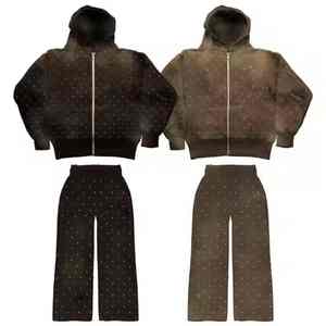 Chándal con diamantes de imitación anticontracción para hombre, chándal de manga larga con capucha y cremallera de estilo holgado de gran tamaño y logotipo personalizado de su marca para hombre - Product Image 5