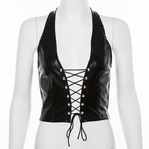 Women Black PU Leather Corset Top With Front <b>Lace</b>-Up Closure And Halter Neck Design - Product Image 1