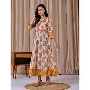 Vestido de Algodón Gris Amarillo con Cierre de Botones, Estampado Butta Block, Diseño Personalizado para Fiestas Casuales, Talla XS, Transpirable, Largo hasta el Suelo - Product Image 5