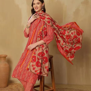 Mujeres impresas hilo regular trabajo pura seda Kurta con pantalones y con Dupatta indio Pakistán Salwar kameez traje - Product Image 1