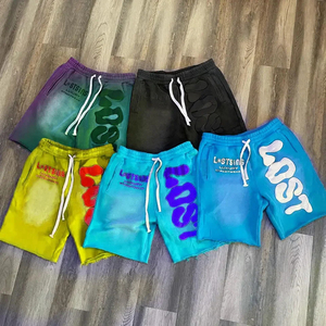 Shorts pour hommes en coton français délavé avec logo imprimé en relief coloré personnalisé OEM 2026, effet vieilli au bas, lavage à l'acide vintage - Product Image 1