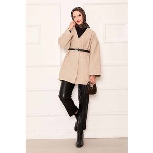 Elegante Abrigo Largo de Cachemira Beige, Prenda de Invierno de Lujo con Cuello de Piel, Decoración de Rayas y Botones, Disponible en Tallas XS a XL - Product Image 5