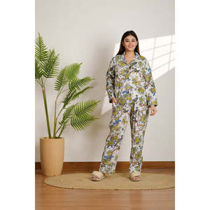 Ensemble pyjama doux tissé à imprimé floral et motif oiseau, respirant, taille élastique, boutonné, personnalisable, vêtements d'intérieur de nuit, 2 pièces, manches longues, 3D - Product Image 2