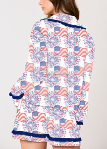 Summer <strong>Patriotic</strong> Fireworks Flag Print Long Sleeve Shirt <strong>Shorts</strong> Pajama Set Women - Product Image 6