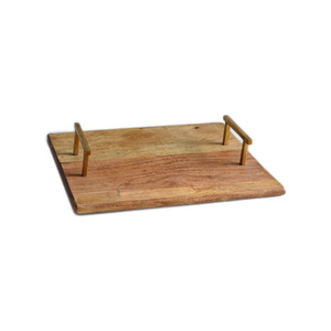 Plateau de service en bois naturel fait à la main, de forme ronde, pour servir des aliments, des gâteaux, des fruits, avec poignée en métal - Product Image 6
