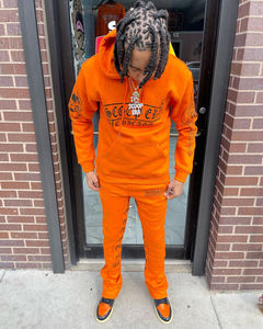 Trajes de chándal de dos piezas 100% algodón Regular Fit invierno hombres Streetwear chándal apilado con capucha estampado sólido - Product Image 5