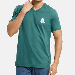 เสื้อยืดคอวีสำหรับผู้ชายเสื้อแขนสั้นผ้าคอตตอน100% คอวีสีพื้น - Product Image 2