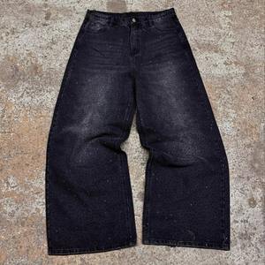 กางเกงยีนส์เดนิมสีดำทรงหลวมสไตล์สตรีทแวร์สำหรับผู้ชาย แต่งขาด ล้างสี ปักลาย ประดับเพชร ซิปหน้า - Product Image 2