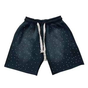 Shorts pour hommes en strass, 100% coton, logo personnalisé, shorts tendance, vêtements de rue décontractés pour hommes, shorts délavés au soleil avec cordon de serrage. - Product Image 3